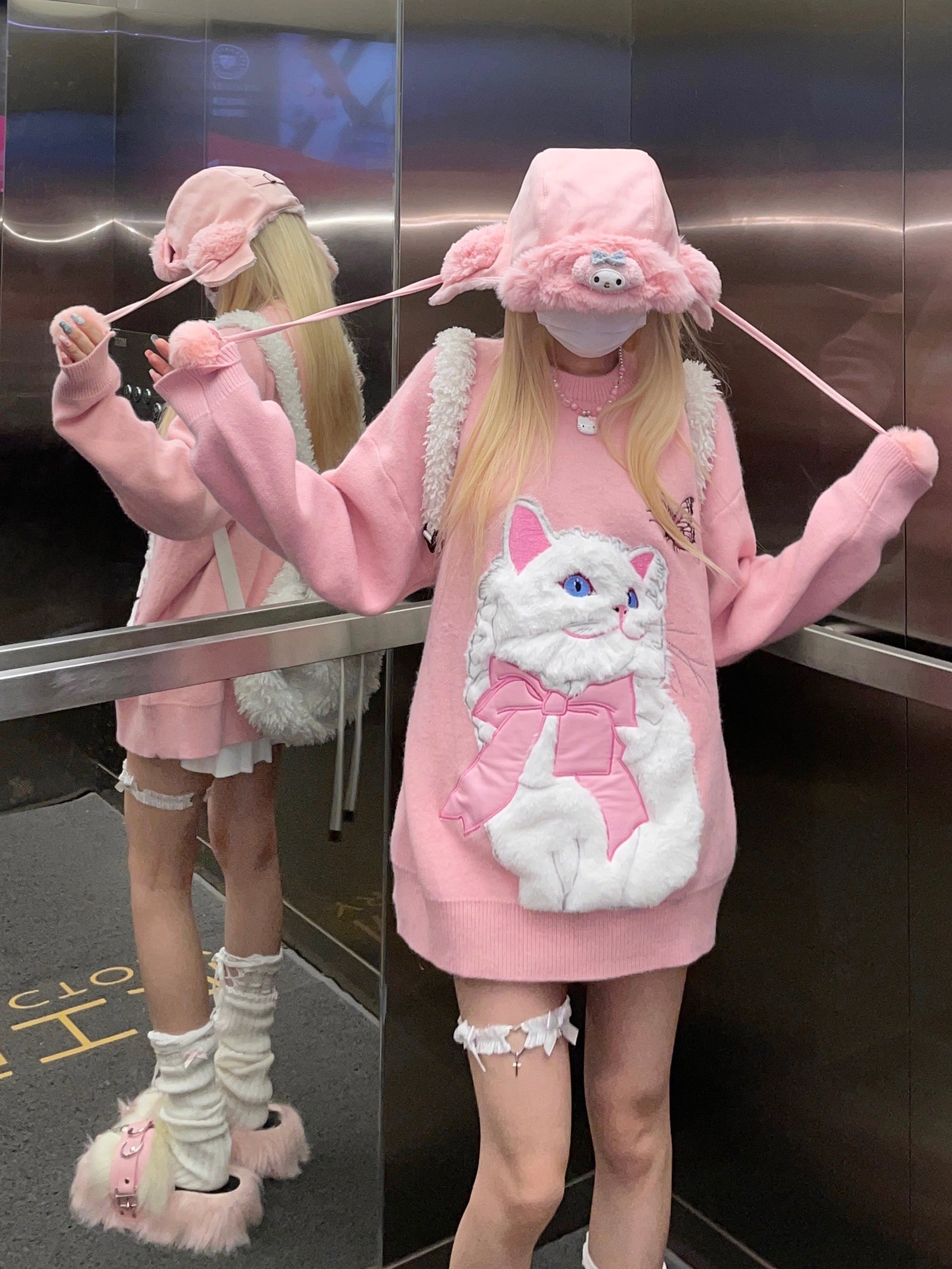 トップスニットラウンドネックセーター可愛い植毛猫スウィートガールトップニット