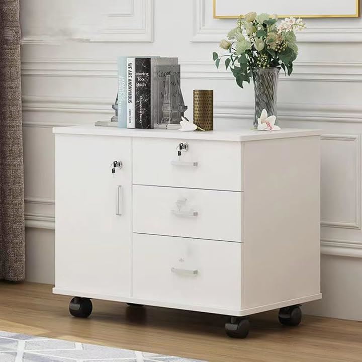 デスクワゴン サイドワゴン キャビネット オフィスワゴン 幅70cmx奥行き40cmx高さ57cm 完成品 組み立て不要 木製(ホワイト, 40奥行き x 70幅 x 57高さ cm)