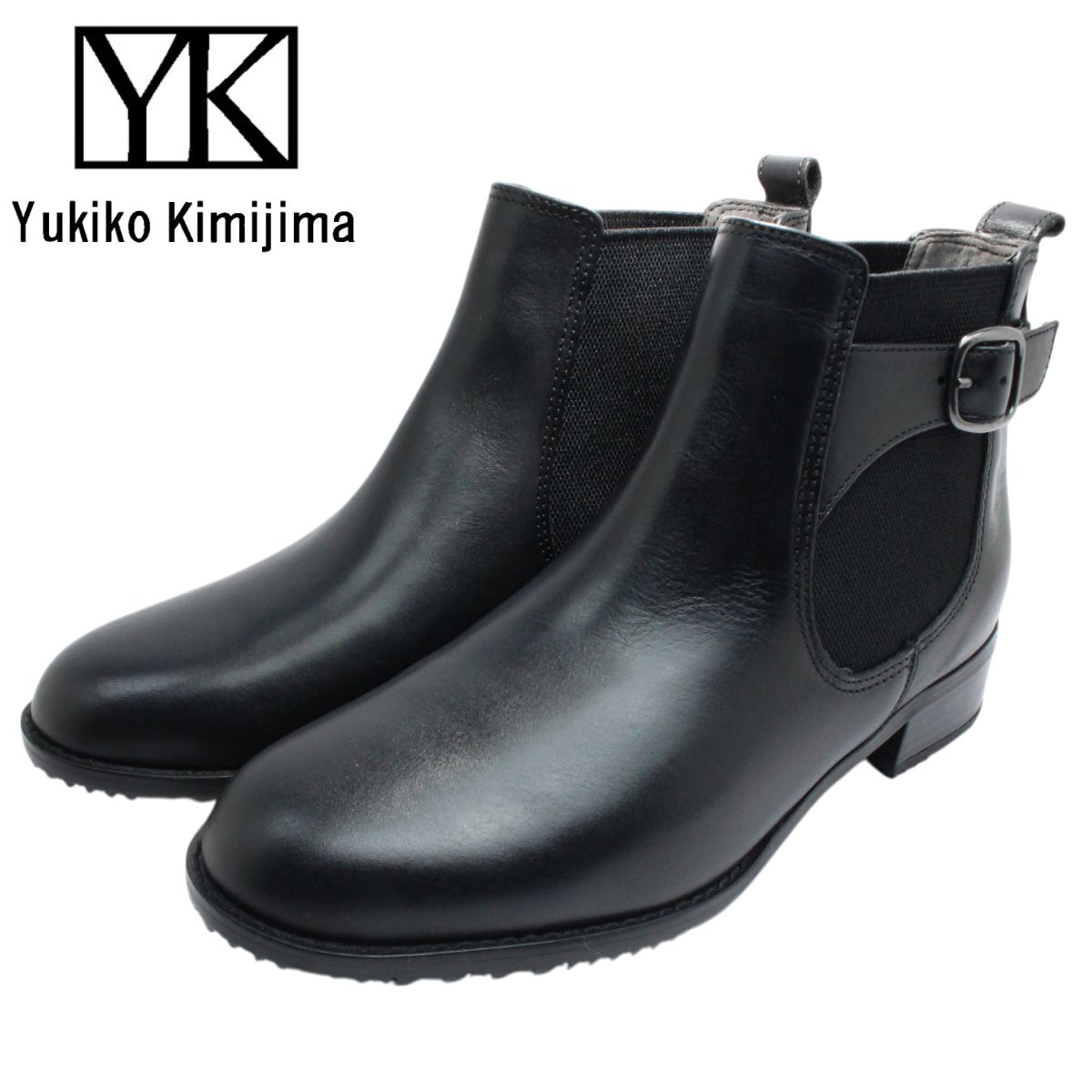 ユキコ キミジマ レディース レザー ショートブーツ 9224 サイドゴア 3E 防滑 本革 ベルト ブラック Yukiko Kimijima