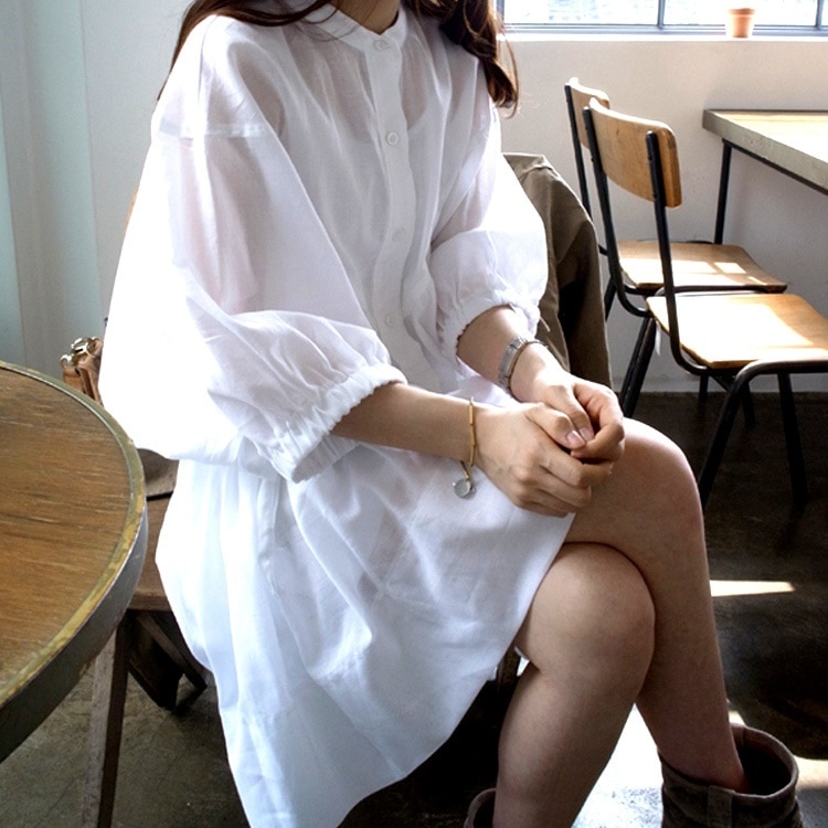 ボリュームシャツワンピース カジュアル 透け感 ゆったり 着回し 0418t
