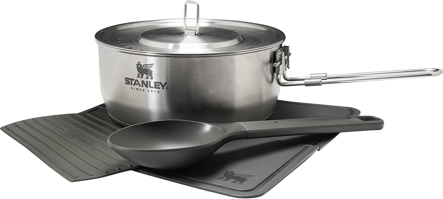 エッセンシャル クックセット 5点セット 片手鍋 1.8L ステンレス鍋 鍋敷 スプーン 蓋付き 湯切り 折り畳み まな板 家 キッチン道具 小物 キャンプ 調理 クッカー バーべキュー おしゃれ