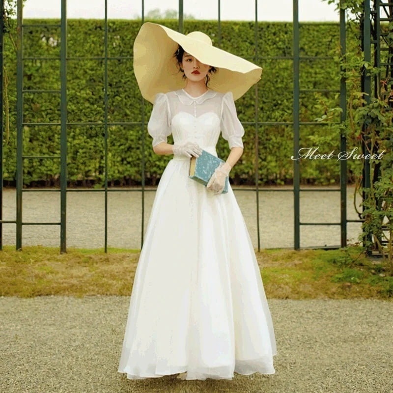 ウェディングドレス ロングドレス オフホワイト 半袖 シフォン 花嫁 二次会 結婚式 発表会 二次会 披露宴 リゾートウェディング ブライダル 撮影 海外挙式 パフスリーブ 前撮り ウエディングドレス