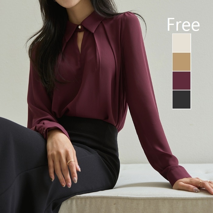 ブラウス レディース 長袖 オフィス パール エレガント きれいめ