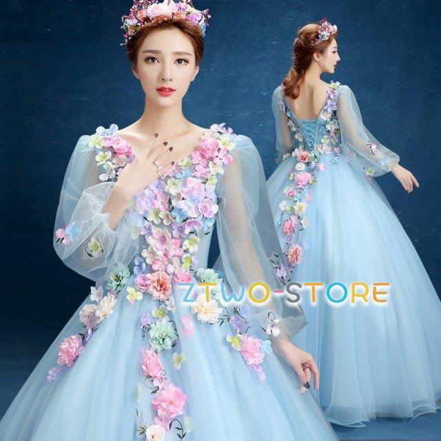 ウェディングドレス カラードレス 結婚式 花嫁 二次会 ドレス ロング 白 ロングドレス 花 袖あり プリンセスライン 大きいサイズ 3L 4L 大人可愛い