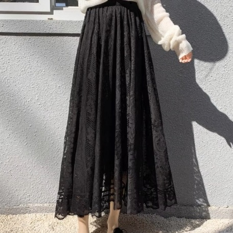 レディース スカート フレアスカート ロングスカート レーススカート ミモレ ロング フレア Aライン フェミニン レース チュール ハイウエスト ウエストゴム 透け感 裏地付き ポリエステル