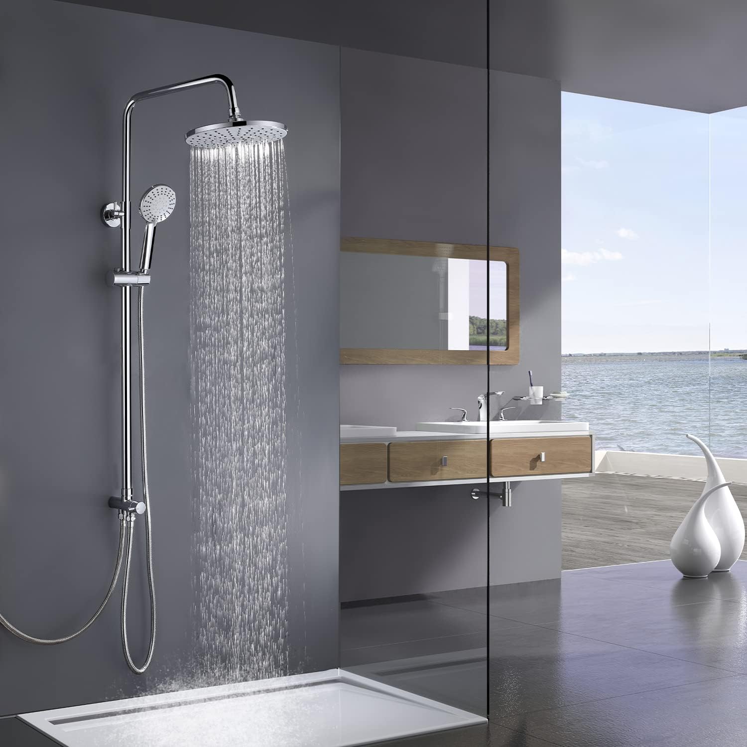 KUZRZNH シャワーヘッド オーバーヘッド 天井シャワー ヘッド 節水 ステンレス鋼材料 シリカゲル水出口 高さと角度を調整可能 5階段モード マイクロナノバブル バス 増圧シャワーヘッド 浴室用