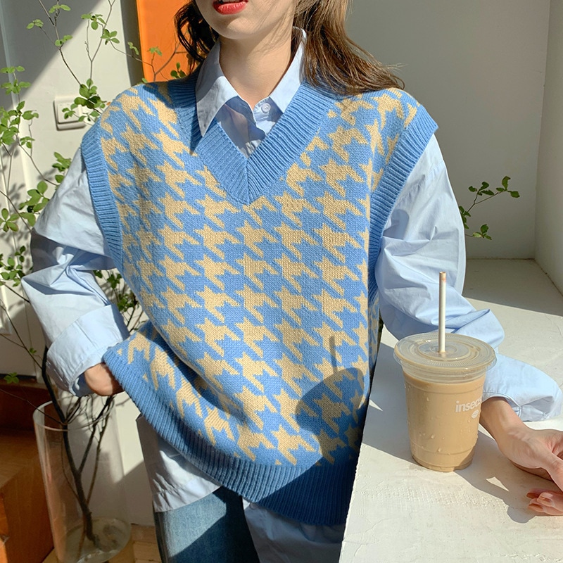 【マークアンドロナ】極美品 ニットベスト 千鳥柄 ベージュ 36 レディース Qoo10] Vネック千鳥格子ニットベスト ニットベス