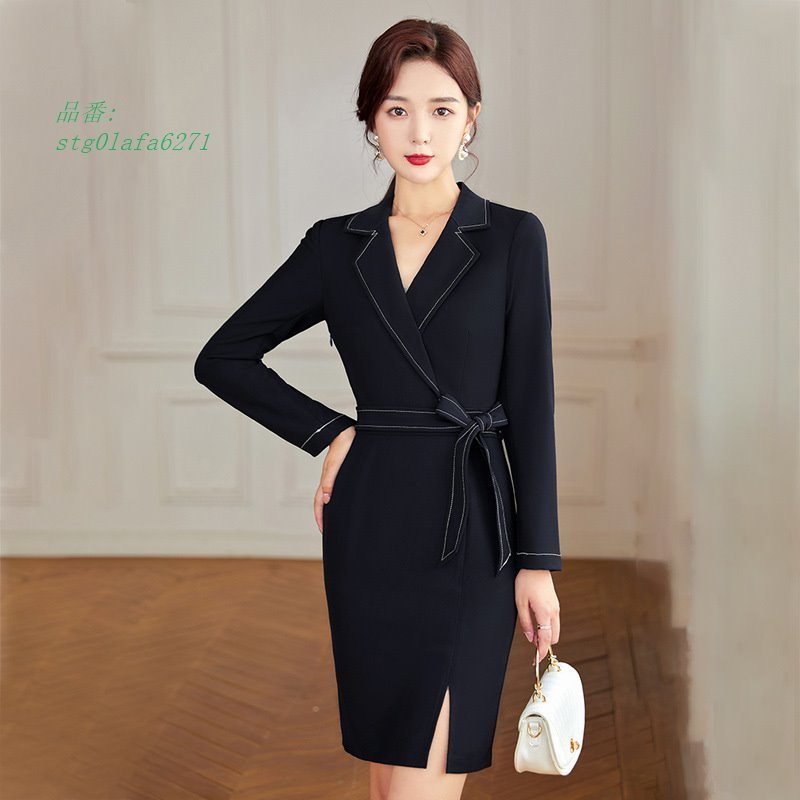 スーツ レディース シンプル ウエストリボン オフィス 韓国 ワンピース 長袖 事務服 リクルート フォーマル 薄手 カジュアル 秋 ビジネス