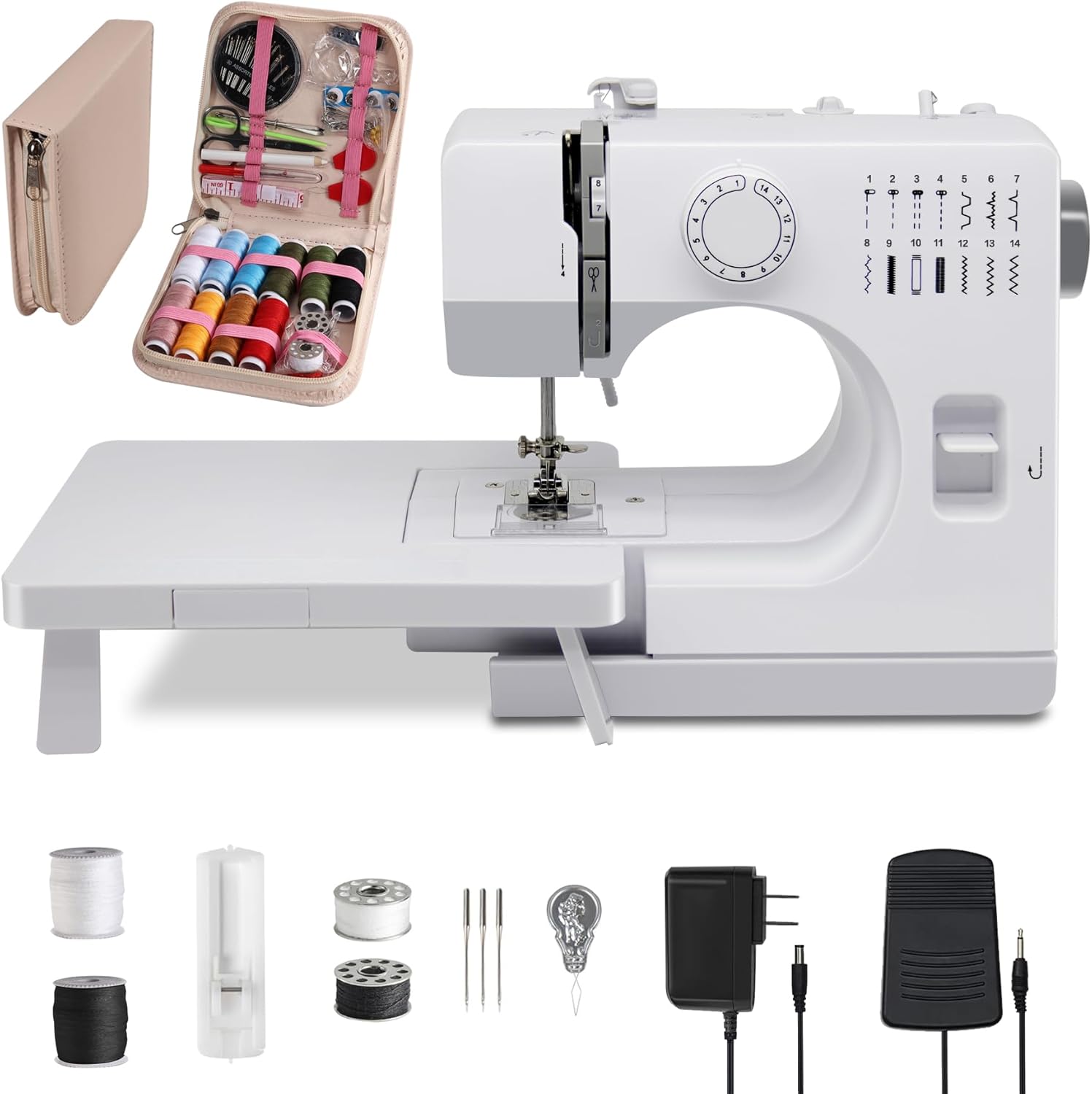 【2025年 最新 初心者向け】電動ミシン ミシン コンパクト 14種類の縫い目 返し縫い機能 日常手作り縫製 裁縫セット付き スピード調整可能 LEDライト 延長台は取付/取外可能