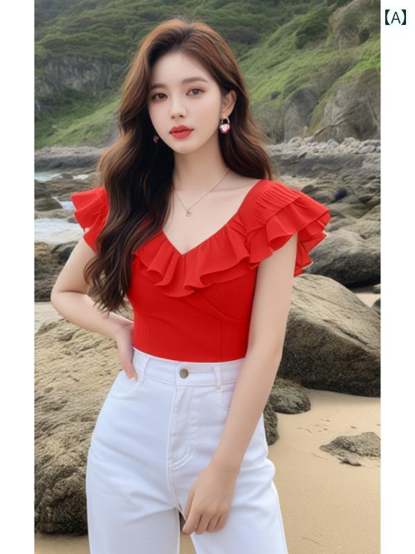 レディース ファッション 赤 フリル フライング スリーブ ノースリーブシャツ トップススス 夏 フレンチ ユニーク 美しい シャツ