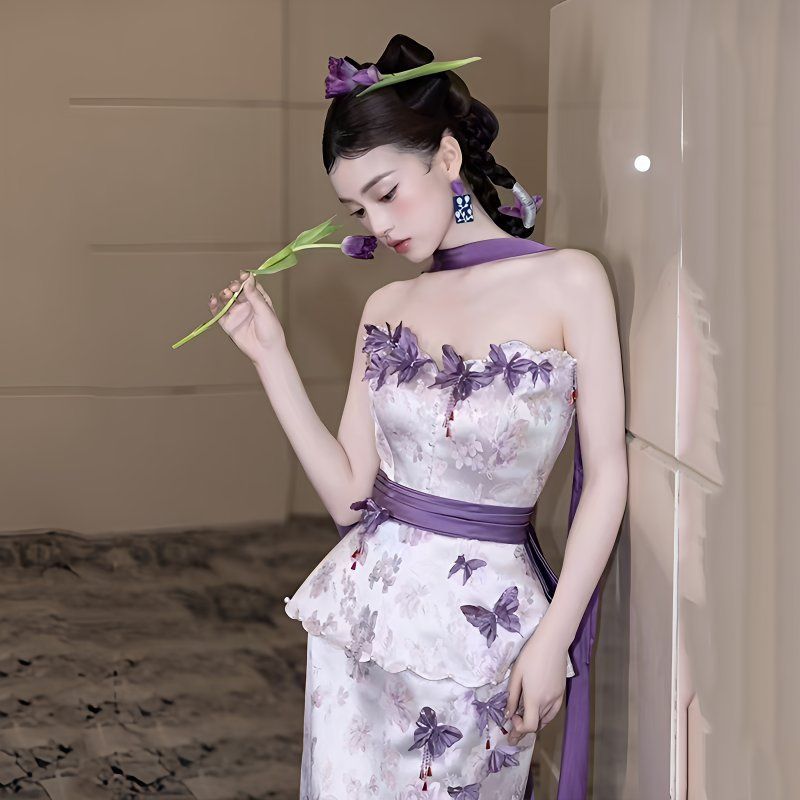 【2枚購入で 3oo円OFF！】朝のドレス女性の花嫁の気質と朝のローブ服紫蝶のドレス