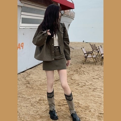 セットアップ デニム ジャケット カート Gジャン ミニ 長袖 ドロップショルダー 襟付き ボタンダウン ポケット 前開き 伸縮性 大人可愛い きれいめ シンプル 無地 レディース 20代 オルチャン