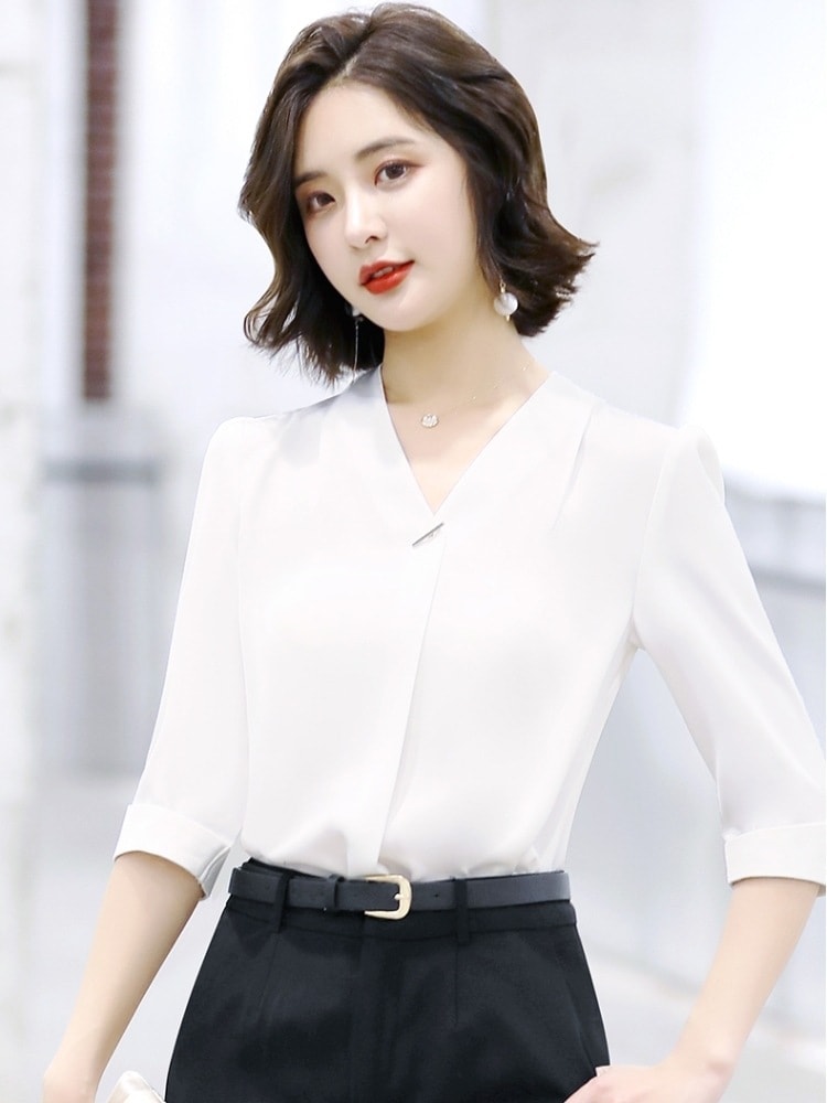 カットソー レディース ５分袖 Vネック シフォン 大人可愛い きれいめ シンプル 上品 おしゃれ フォーマル 無地 春 夏 秋 ママ オフィス ビジネス ホワイト アプリコット ブルー トップス