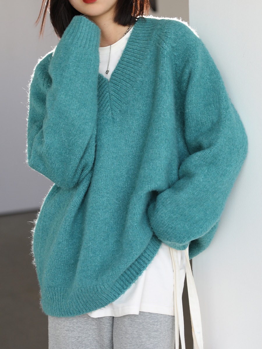 ニットソー セーター レディース 長袖 Vネック 萌袖 とろみ感 フェミニン ガーリー かわいい 大人可愛い きれいめ カジュアル 無地 春 秋 ママ お出かけ 学生 デート ブルー グレー トップス