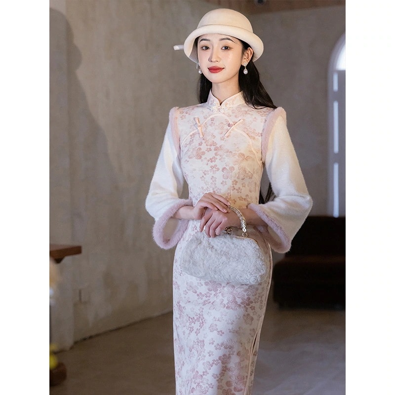ワンピースドレスドレスピンク色の花柄の新しいスタイル改善された漢服ミス秋と冬の長袖レトロフェイク2ピース長いスタイル