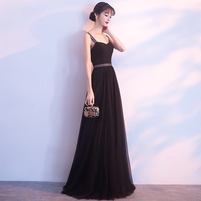 パーティードレス結婚式ノースリープストラップウエディングロング丈ワンピース大人お呼ばれ食事会二次会披露宴卒業式成人式黒ドレス