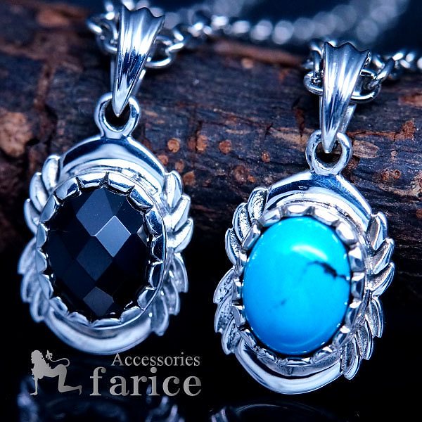 天然石 ターコイズorオニキス リーフ(葉柄)立体装飾 メンズ&レディース インディアンジュエリー シルバー925 ペンダント ネックレスブルーorブラック