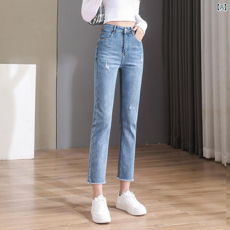 デニムパンツ レディース ダメージ ジーンズ クラッシュ ボトムス スキニー パンツ ハイウエスト 春秋 薄手 カットオフ 八分丈 韓国 ブルー