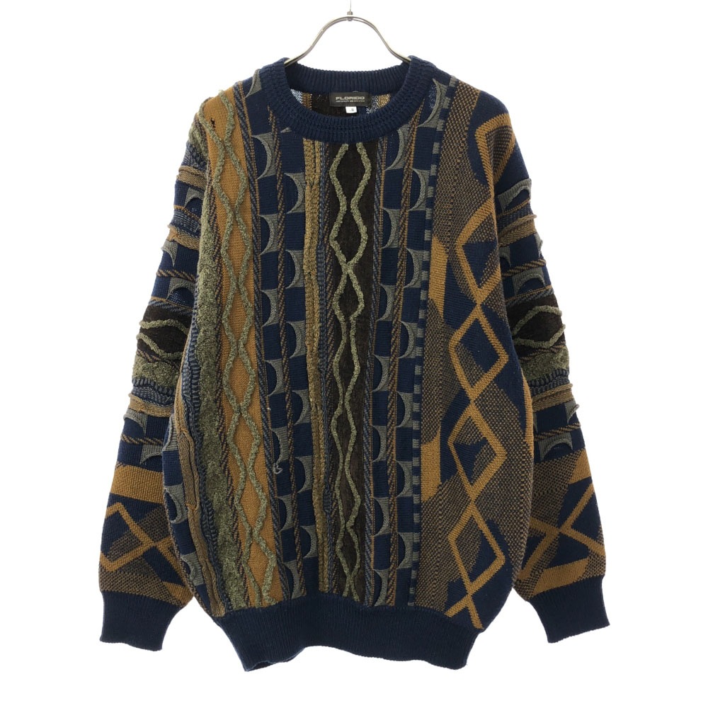 フローリド 90s オールド 総柄 長袖 3D ニット LB ネイビー FLORIDO セーター メンズ