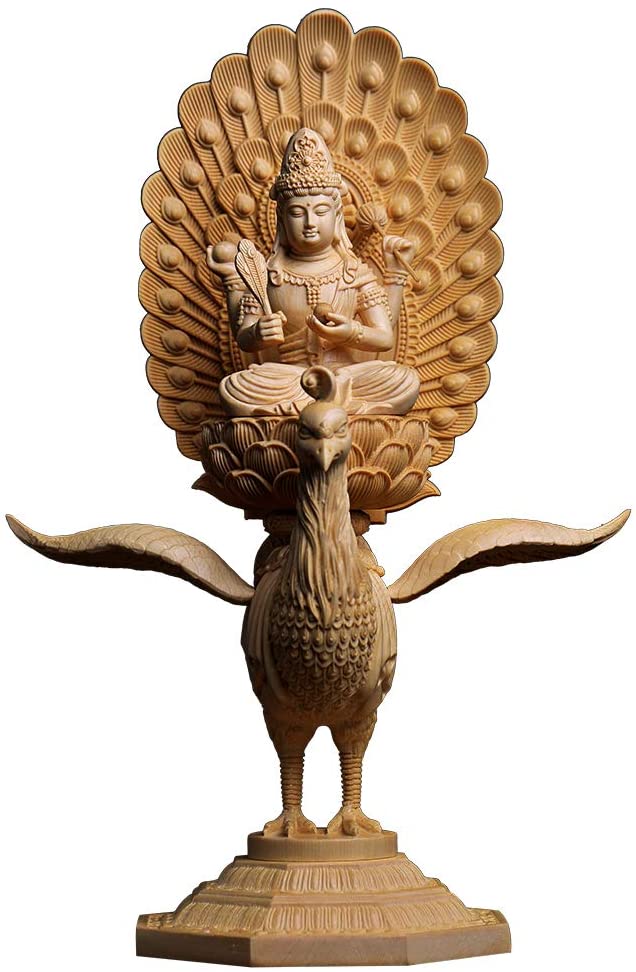 仏像 孔雀明王像 孔雀明王 檜木 木彫 仏具 (約)高37cm幅26cm奥行14cm