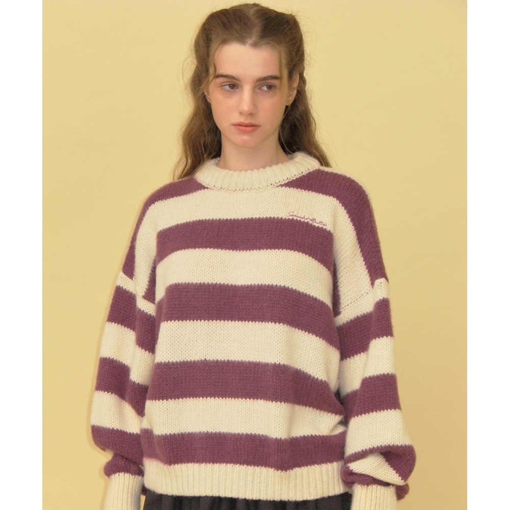 サムウェアバターヘアリーアルパカストライプニット-パープル