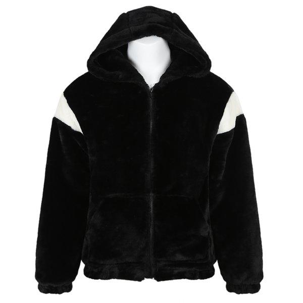 メンズ冬セミオーバーフィット配色極細糸フード付きジップアップジャンパーRB-JUW-Q054-ブラック