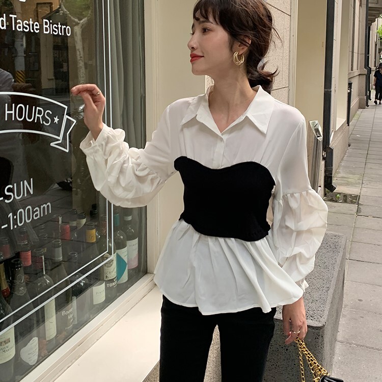 シャツレディースホワイトパッチワーク トップス シャツ 白シャツ ミディアム丈 長袖 ボリューム袖 襟付き フレア 切り替えデザイン ふわふわ 大人可愛い きれいめ シンプル カジュアル おしゃれ