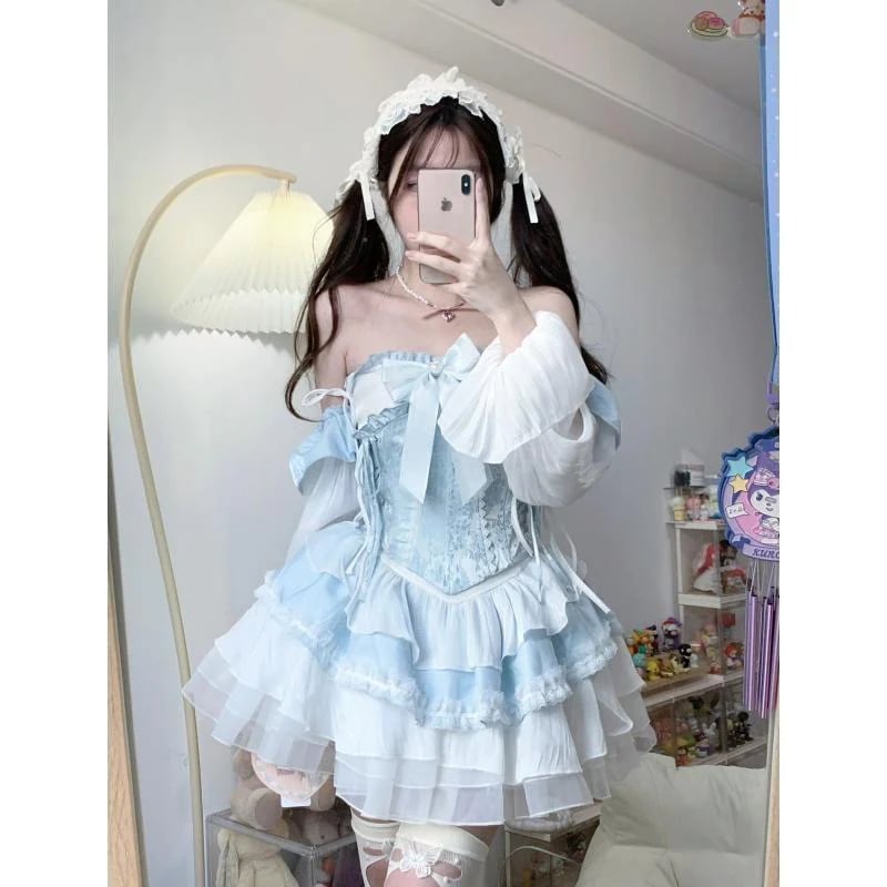 2024 ロリータ ドレス 可愛い少女デザイン感フリルリボン姫スカートウエストカバースーツスカート コスプレ ワンピース ロリータワンピース