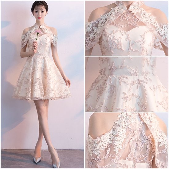 【取寄：納期2週間】演奏会ドレス 結婚式ドレス 大きいサイズ XL 2XL 小さいサイズ XS スリムフィット モダン 体型カバー ホルターネック レース オフショルダー ミニスカート きれいめ