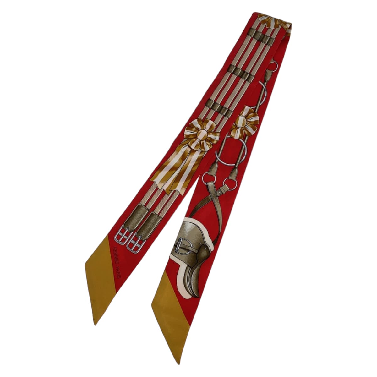 美品 ツイリー JUMPING レッド ブラウン マルチカラー シルク スカーフ リボン レディース 406123