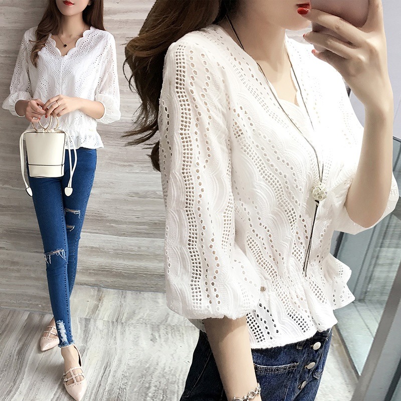 2327.スカラップコードレースVネック総レース7分袖ブラウス(ホワイト) 2019 春夏 新作 大人 かわいい カジュアル OL 20代 30代 デート服 女子会 チュニック ウエストゴム