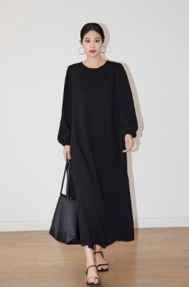 レディース スカート ワンピース ドレス ミモレ 丈長 長袖 レギュラースリーブ ラウンドネック 襟なし ノーカラー Aライン ベルト ウエストマーク ハイウエスト 異国風 中厚手 きれいめ シンプル