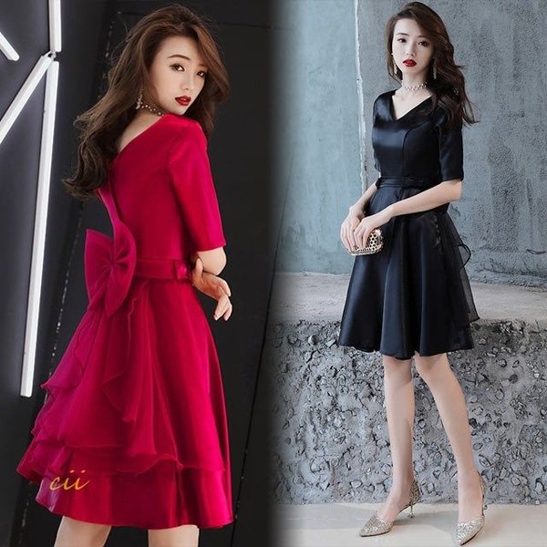 ワイン 黒 ドレス 半袖 20代30代 お呼ばれ 二次会 エレガント 無地 膝丈 結婚式ドレス パーティードレス 謝恩会 リボン ひざ丈ドレス