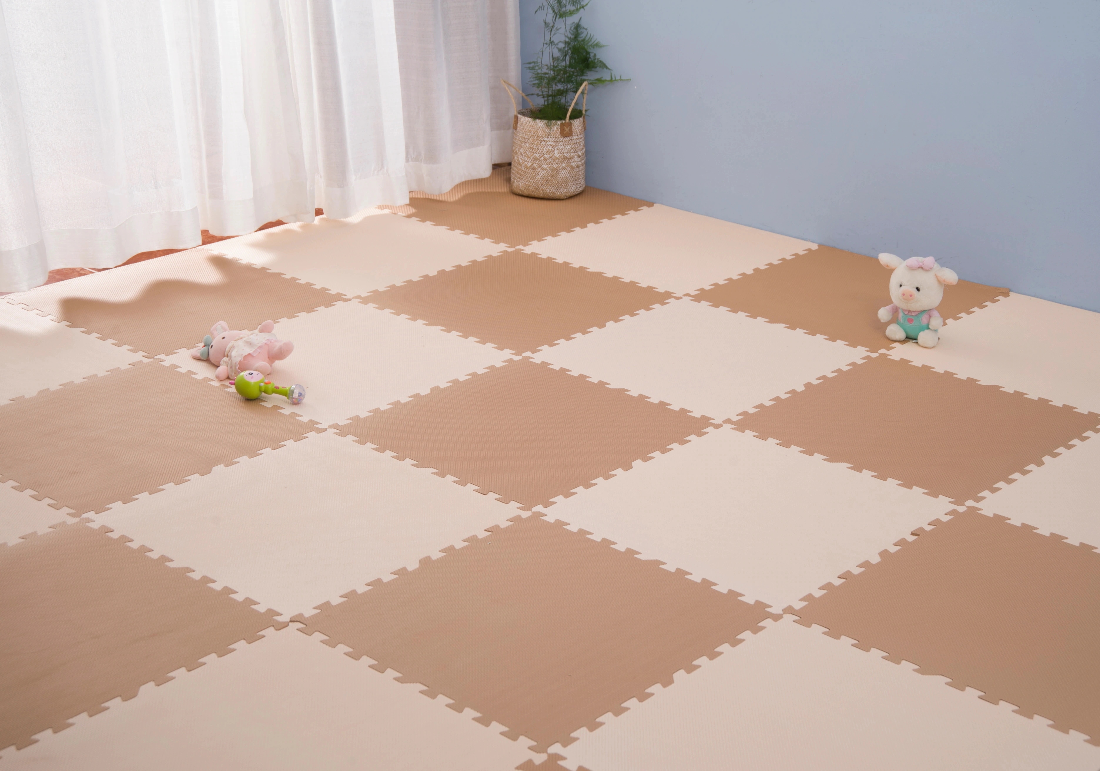 【国内発送】ジョイントマット 厚手 32枚 2cm 大判60cm Coffee P サイドパーツ付き【コーヒー×ベージュ】GG7649 おしゃれ 防音断熱 安心のノンホル EVA高品質 6畳 転倒防止