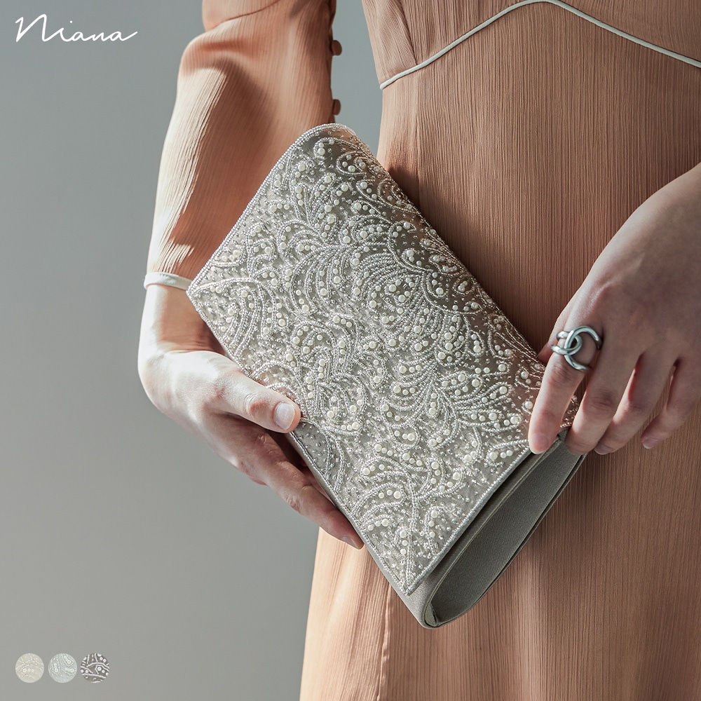 パーティー クラッチ パーティーバッグ ハンドバッグ パール ビジュー ビーズ 刺繍 サテン スクエア ベージュ ゴールド シルバー 長財布 ミニバッグ 2way 3way 肩掛け ショルダーバッグ 8,039円