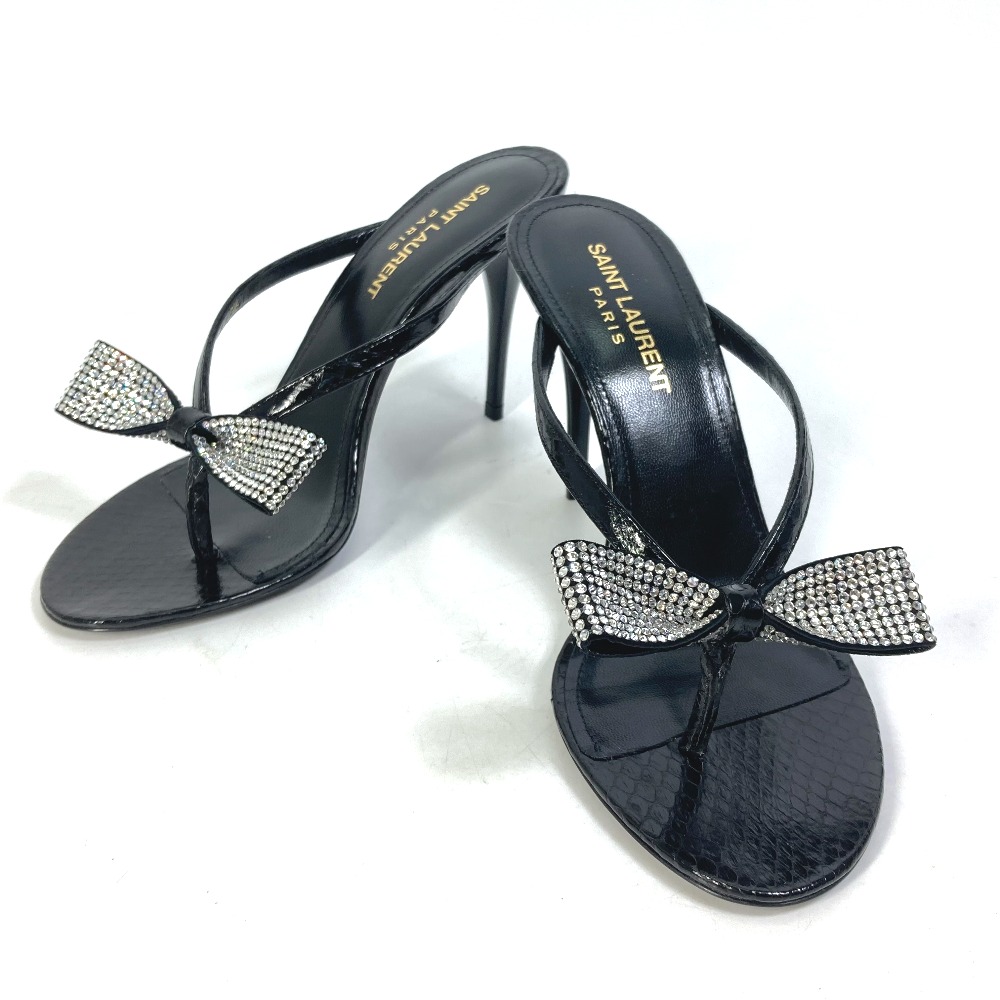 サンダル 606419 リボン りぼん スワロフスキー ミュール トング 靴 ヒール レザー ブラック