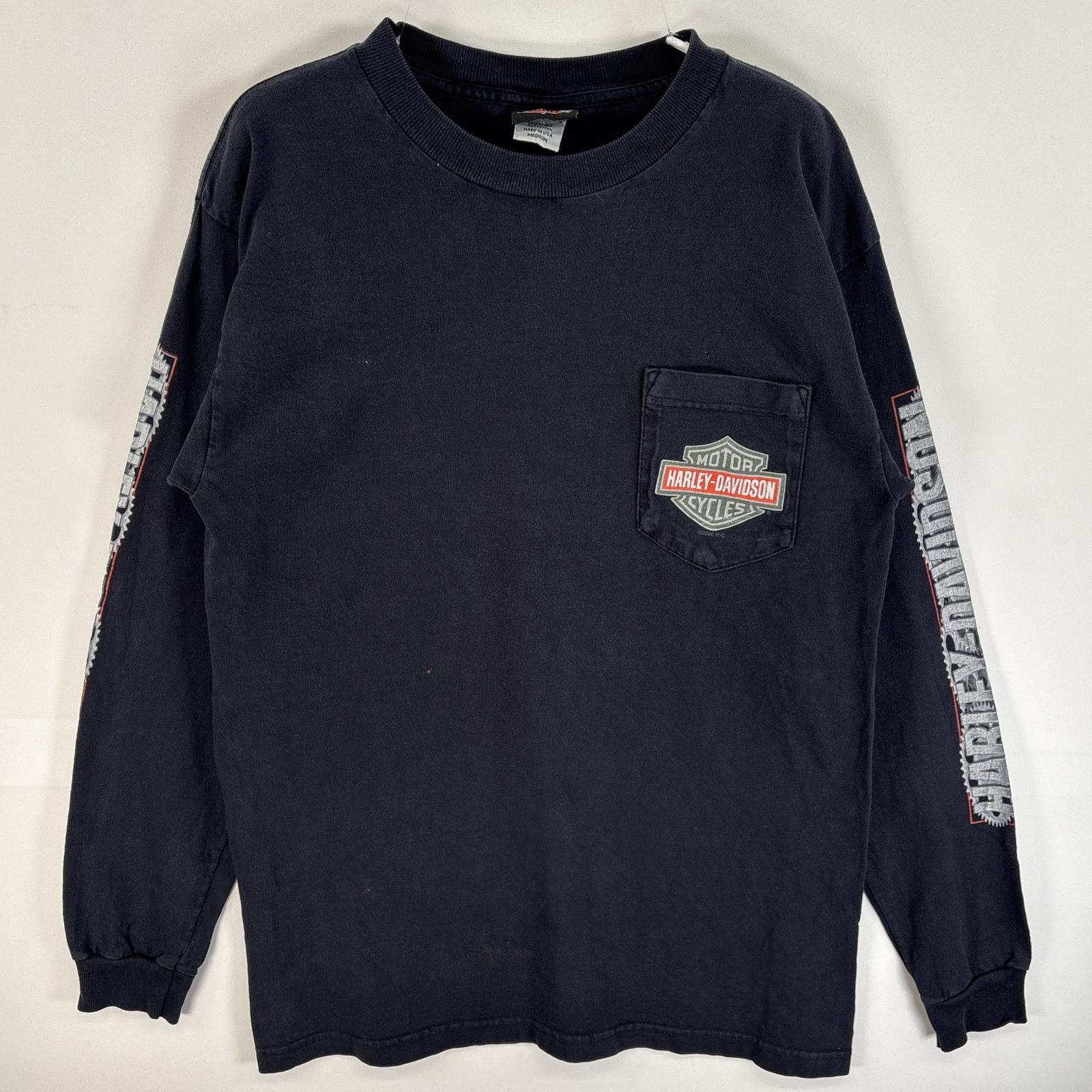 古着 長袖Tシャツ 両面 ラバープリント USA製 胸ポケ medium ブラック系 メンズ