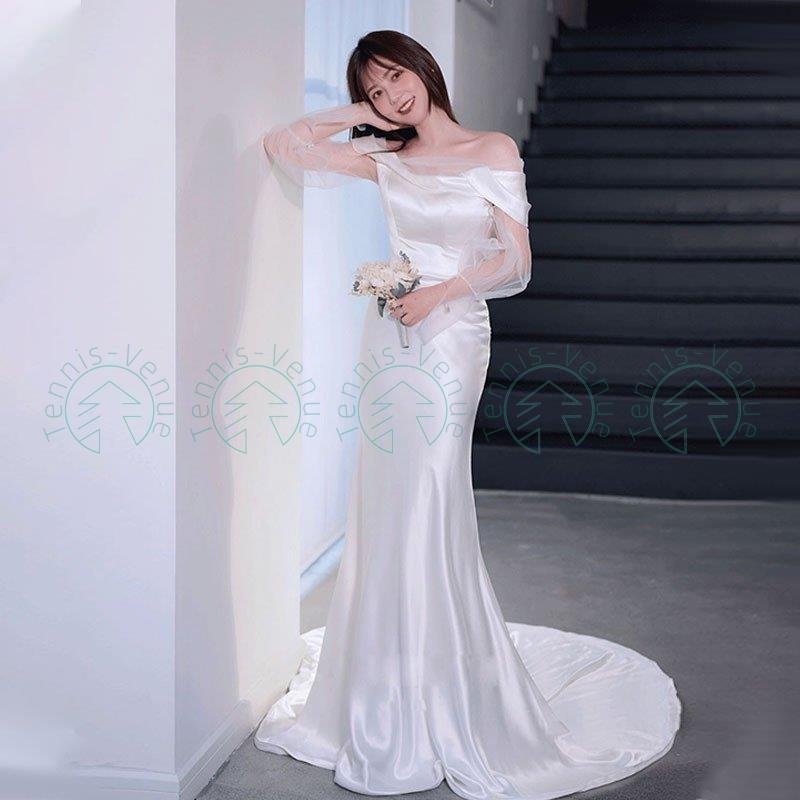 ウエディングドレス オフショルダー 結婚式 二次会 スレンダードレス ソフトマーメイド ロングドレス