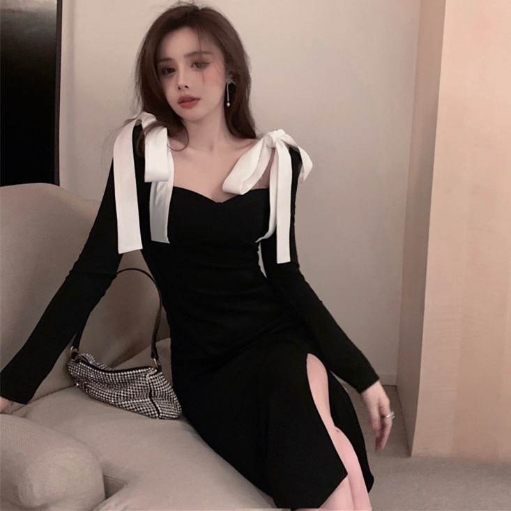 ワンピース ドレス レディース 黒 モノトーン リボン 個性的 キャバドレス ミディアム丈 ミドル丈 スリット ハイウエスト スリム 長袖 春 秋 ブラック 黒 無地 バイカラー カジュアル レトロ