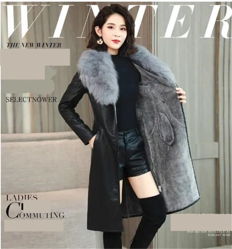 レディース服 女性 大人 大きな毛皮の襟 冬 レザージャケット 裏起毛 厚手 中長セクション 韓国ファッション スリムフィット 革のコート