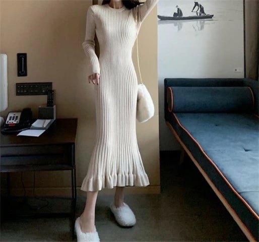 ロングワンピース 長袖 ひざ下丈 ニットワンピース大きいサイズ レディース 秋冬 結婚式 きれいめ タイト フォーマル 大人 上品 チュニック one-piece