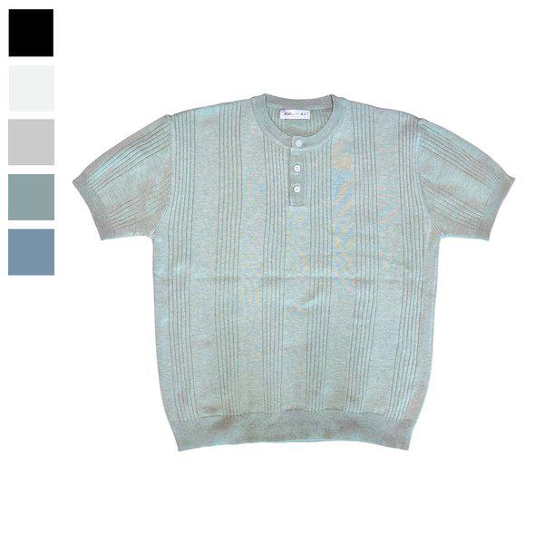 メンズリブ編みヘンリーネック半袖ニットTシャツ RB-KNH-Q093-カーキ