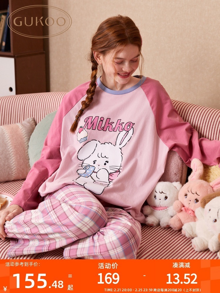 Gukoo/Guokuo 春と秋 レディース パジャマ Mikko 漫画 コットン ラウンドネック チェック柄 長袖 ホームウェア