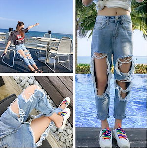 [送無]ファッション 大人気　美脚 開きすぎダメージ加工がお洒落ダメージデニム／おすすめ パンツ デニムパンツ デニム スキニー レディース  ダメージ加工 ダメージジーンズ スキニ