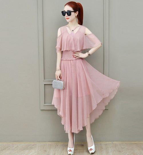 A1086.肩見せシースルーフレアワンピース（ピンク）2019 春夏 sale 春夏 sale ドレス フリル エレガント お呼ばれ 結婚式 披露宴 パーティー 女子会 レストラン デート
