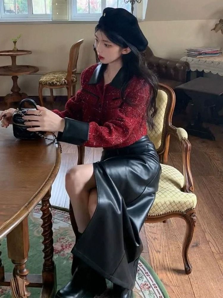 裕福な家族の娘との2023秋の服装リトルレッドジャケットレザースカート韓国ドラマ小さなドレスツーピーススーツレディース