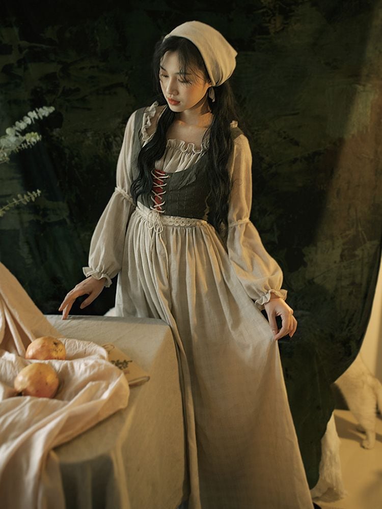 カウハーディング ツーピーススーパースーツクラスベスト + ドレス レトロ中世油絵牧歌風 ヘッドスカーフ付き 長袖