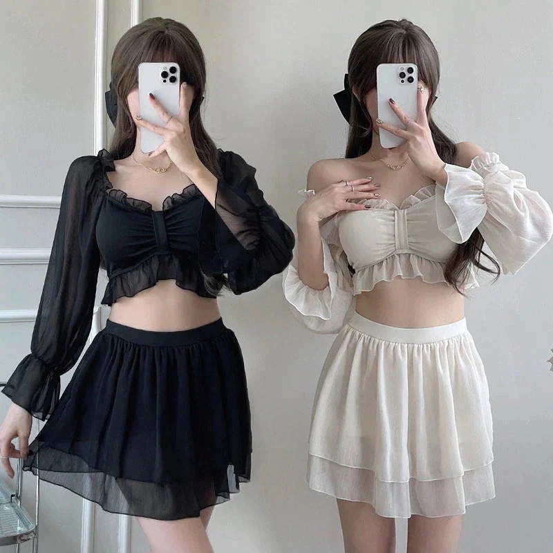 スーパーフェアリー 温泉水着 レディース 無地 長袖 スプリット ツーピース コンサバ水着 ガーリー 1つ買うと10つ無料水着 フリル