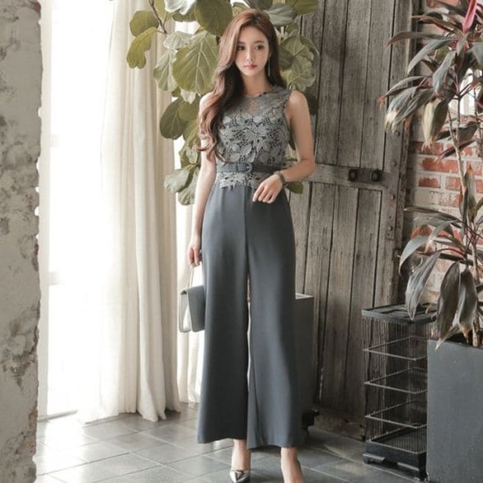 パンツドレス 個性的 かっこいい 韓国 プチプラ オールインワン グレー レース ノースリーブ ワイドパンツ フォーマル オケージョン 卒業式 入学式 ベルト付き パーティー 10代 20代 30代