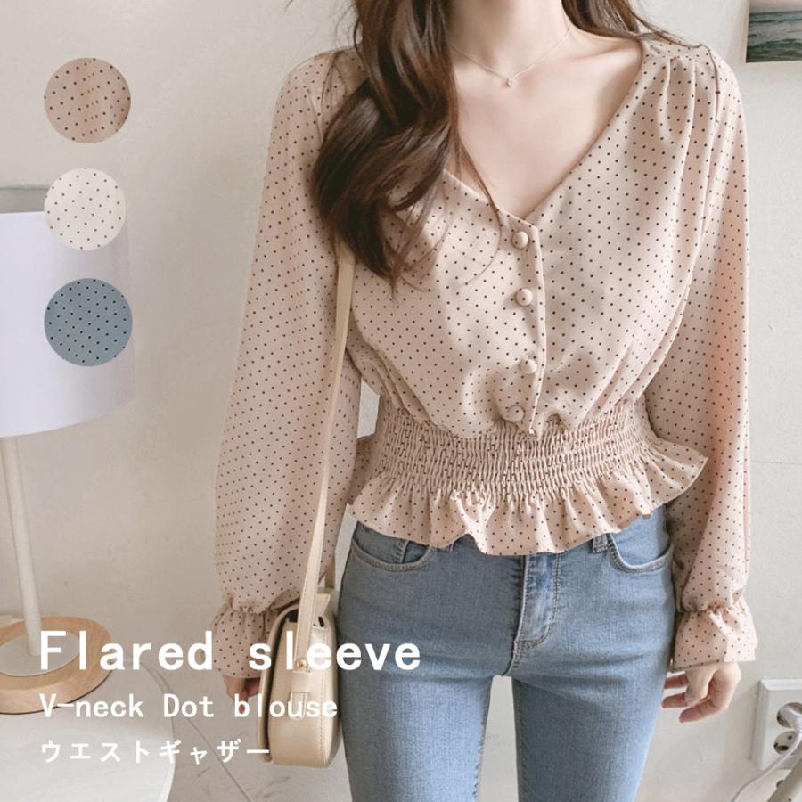 【急速出荷!】気質 韓国ファッション 長袖シャツ ドット柄ブラウス レディース 長袖 フリル ブラウス 春 おしゃれ 韓国風 シフォン トップス ウエストギャザー ネック